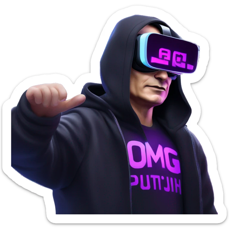 Vladimir Putin wearing a black hoodie with "OMG" letters on it and VR headset oculus quest 2 in a cyberpunk VR environment with violet neon lighting. sticker