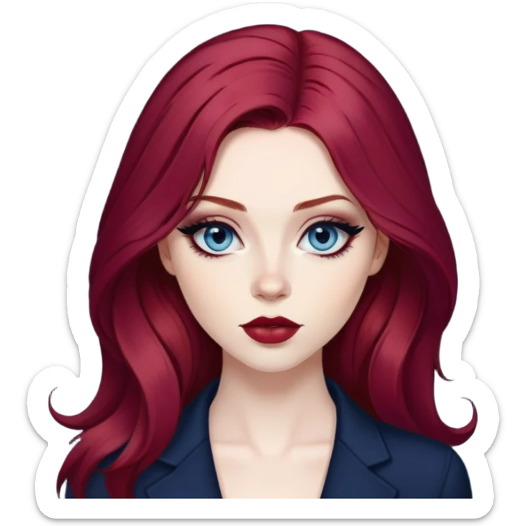 pretty baddie, wine red hair, cute lips, pale skin, long hair, dark blue eyes, bold black eyeliner sticker