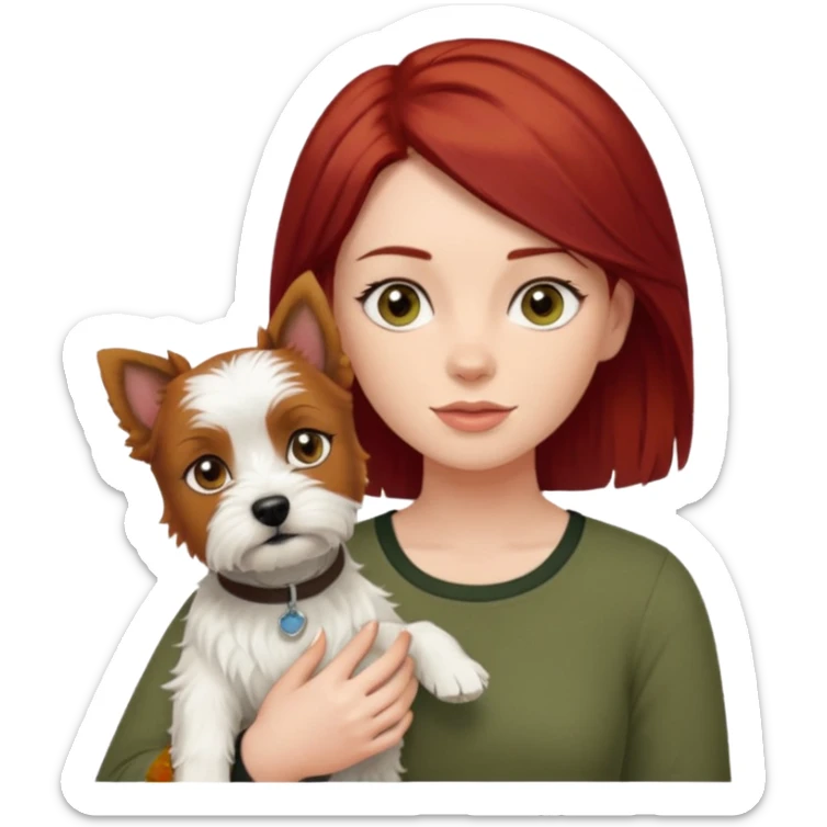 Westhighland white terrier dog being held by woman with dark shoulder length red hair and hazel eye wearing olive green top sticker