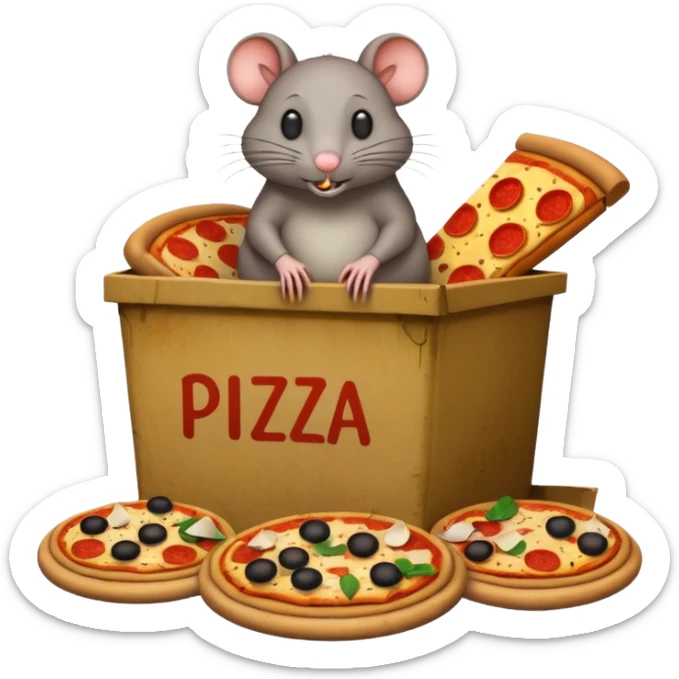 emoji-style icon of a pizza restaurant with a pizza sign, a giant rat sitting on top of an overflowing dumpster, trash bags and food scraps all around, very dirty, clear at small size, no text sticker