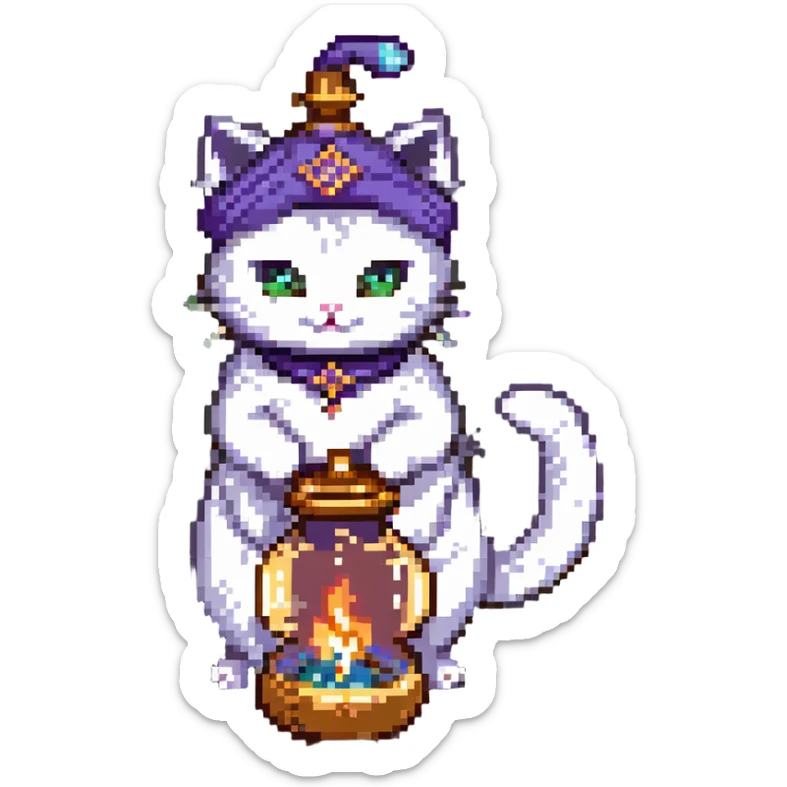 cat genie with a turban and ghostly tail, floating from an oil lamp, pixel art style sticker