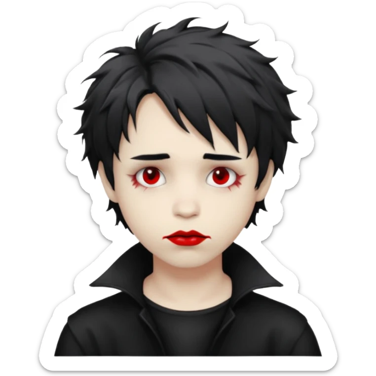 Happy pale Goth boy with shaggy hair, and messy, smudged, red, lipstick  sticker