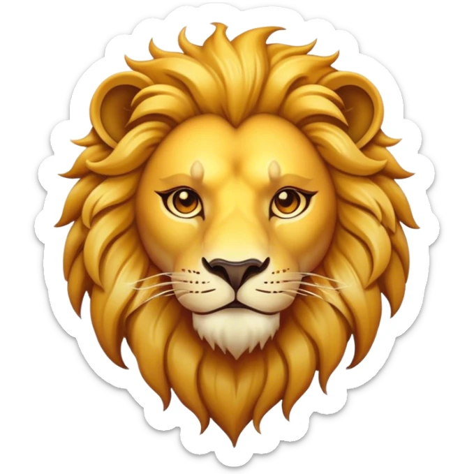 Cinematic Lion Emoji, Vibrant and bold, Iconic and striking design, rim lighting effect, golden and amber tones, Simplified yet expressive features, highly detailed, glowing with warm golden hues, high shine, fierce and majestic, stylized with a touch of fantasy, playful and bold, blending realism with charm, soft glowing outline, clean and immaculate design, confident and strong pose, capturing the essence of a lion in an easily recognizable and captivating form, so lively it feels as though it could roar out of the screen! sticker