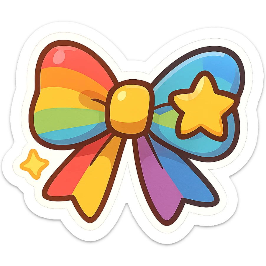 chibi style bow, rainbow colors, playful, cheerful, cartoon style, star motif sticker
