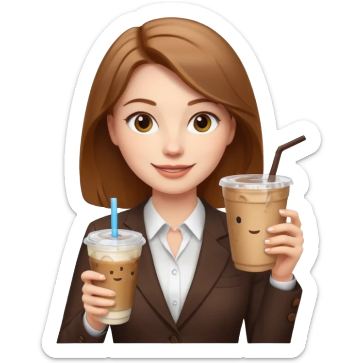 Women in front of laptop with a happy face, long light brown hair, light brown big eyes, light pale skin with a iced coffee on the side, business attire sticker