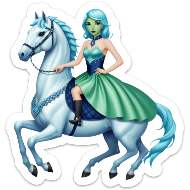 alien reptilian green skin woman, in short slim pastel blue formal party satin dress with gradient shiny sparkling navy blue diamonds embroidered , ride a White horse sticker