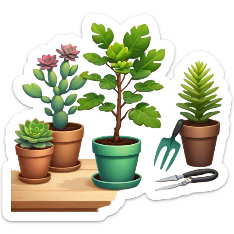Close-up of a potted sapling with vibrant flowering plants around it, in rich soil. Sunlight filters through the window, casting soft shadows. Cozy indoor garden with blooming flowers, succulents, and gardening tools placed neatly on a wooden table. sticker