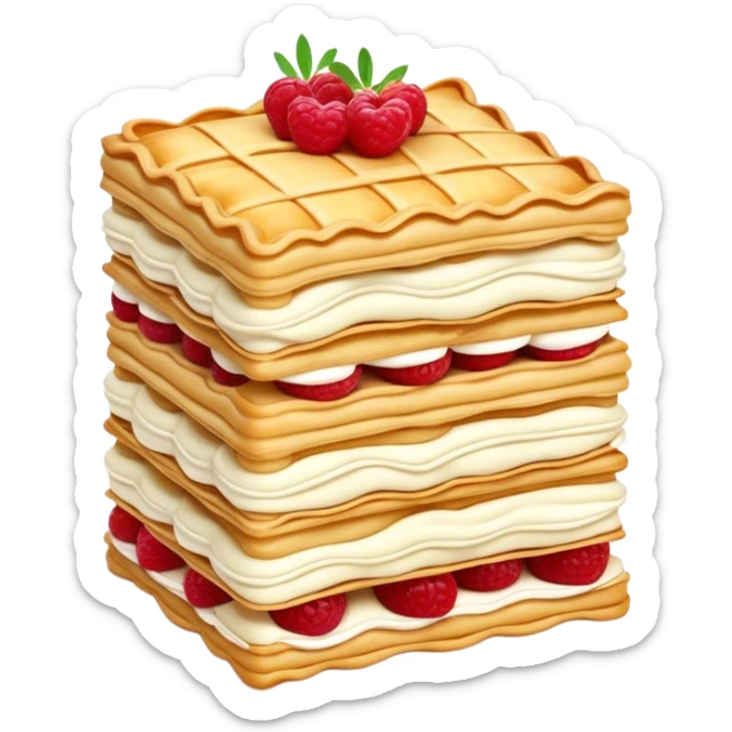 Mille-feuille Cinematic Realistic Mille-Feuille Dessert Emoji, depicted as a delicate pastry composed of two crisp layers of puff pastry with a rich cream filling, rendered with intricate textures and elegant, soft lighting. sticker