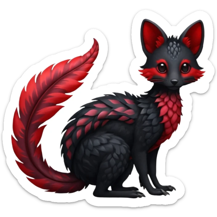 Feral Rare Fantasy shiny soft fuzzy furry vibrant tropical obsidian-black and crimson-red Vernid-Trico-species-creature by LiLaiRa, random markings, tufted tail, tufted ears, full body sticker