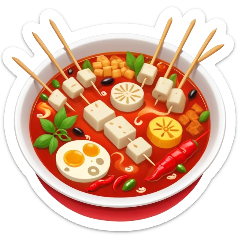 Spicy Hot Pot Skewers Malatang with various ingredients in red broth, simplified emoji style with bold outlines and bright colors, cartoon style Chinese street food bowl sticker