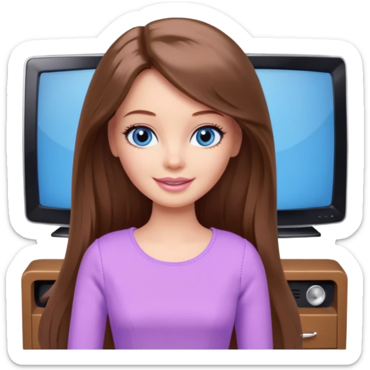beautiful barbie girl with long brown hair, blue eyes and wearing light purple clothes watching tv sticker