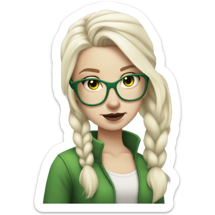 Pale white girl, platinum blonde hair in a pony tail, evil, green glasses sticker