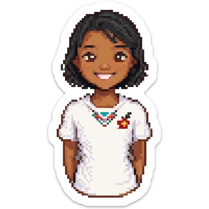 brown Samoan skinny girl with slight Chinese features, black short hair just below the shoulders, smiling without showing teeth, pixel art style sticker