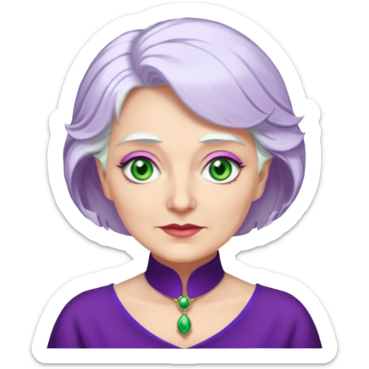 Madame Morrible from Wicked with green eyes, white hair, purple outfit sticker