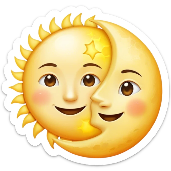 a really bright  big sun and a small moon who shines because of it. the sun is bigger and the tiny \moon bright too beside it smiling looking at each other sticker