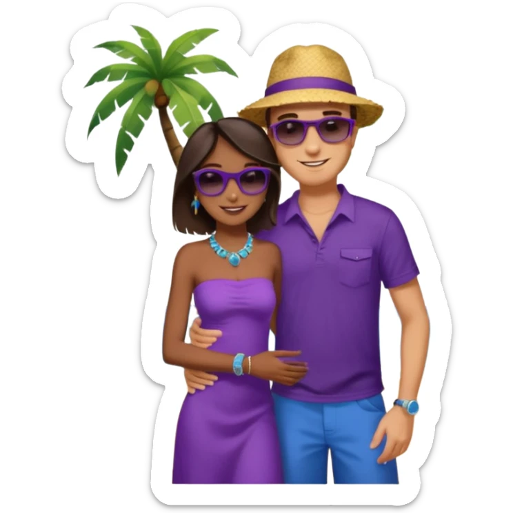 Tan tall brunette European male in blue shirt smiling and hugging a jet black African girl in purple strapless dress and blue jewelry they are on a beach with palm trees sticker