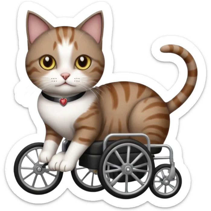 full body small short hair dark brown and white cat with hazel eyes walking in a wheelchair for cats sticker