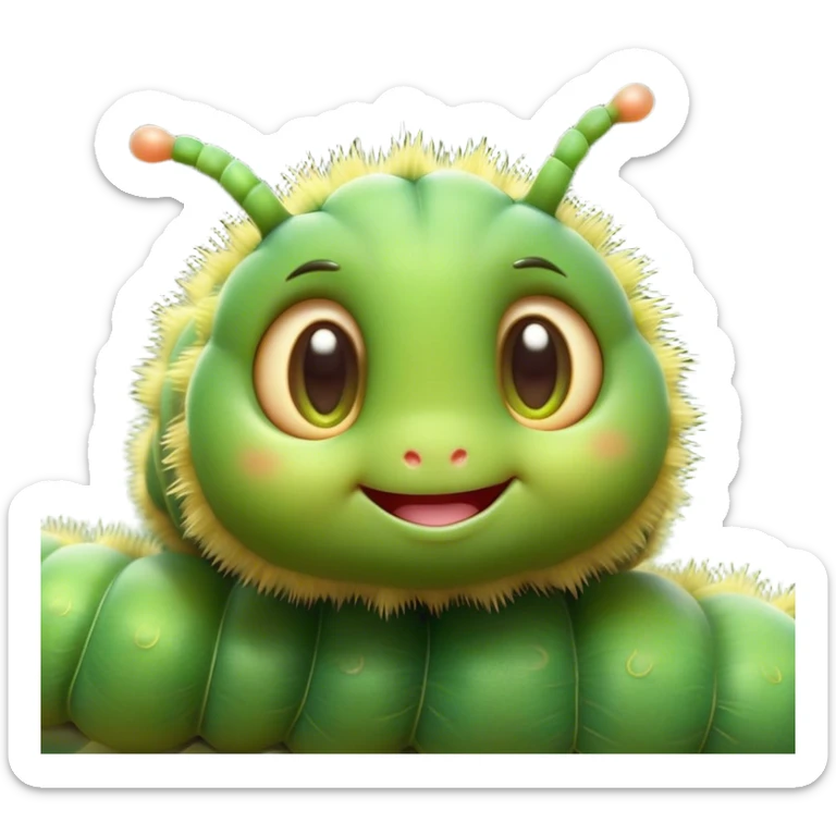 Cinematic Cute Caterpillar Portrait Emoji, Head tilted playfully and inquisitively, featuring a small, fuzzy body with rounded, plump segments, soft, endearing eyes and a charmingly wiggly movement, Simplified yet irresistibly adorable features, highly detailed, glowing with a warm, inviting green glow, high shine, affectionate and lively, stylized with a touch of whimsical woodland charm, soft glowing outline, capturing the essence of a mischievous caterpillar that seems as if it could crawl out of the screen into your arms! sticker