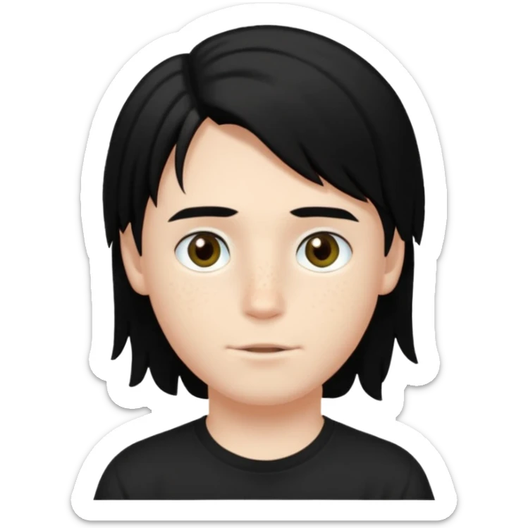 A beautiful boy with black hair and hazel green and brown eyes and white skin , with dark freckles and black t shirt with HAIRCUT: middle part hair hair with a center part haircut long  sticker