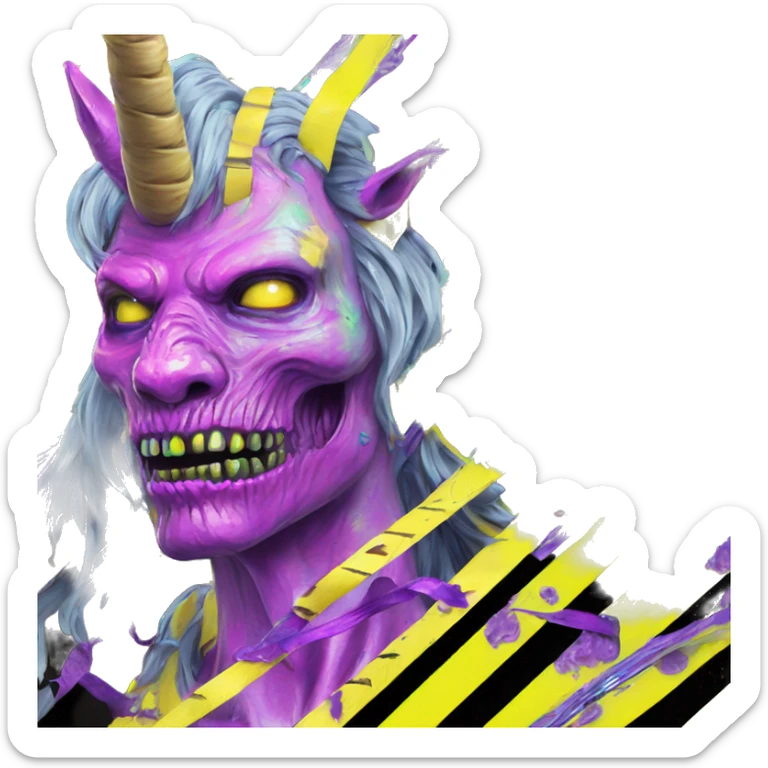 .Zombie_ Vaporwave black holographic oilslick zombie unicorn yellow caution tape sticker