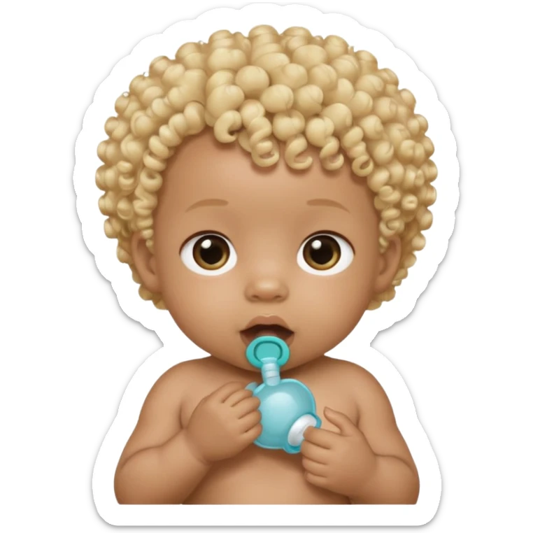 Black newborn baby, short tuft of curly blonde hair, pacifier in mouth sticker
