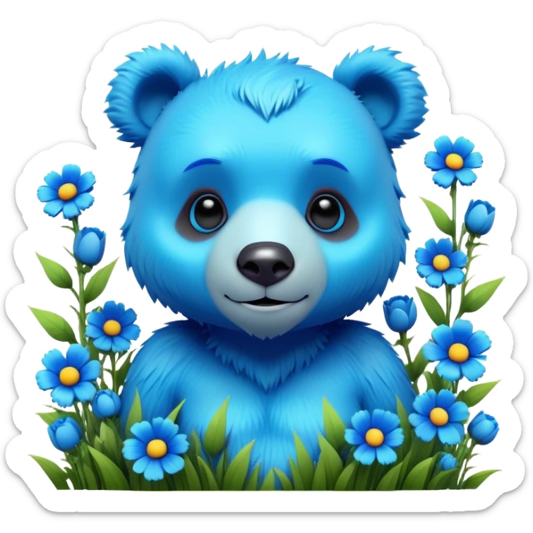 3D, adorable little Pixar style blue neon punk bear in a field of flowers, ultra detailed, each lash, eye, and strand of fur is shown in stunning detail as though captured in a timeless photograph, rich textures, visually rich, so lifelike it feels like it could leap off the page at any moment sticker
