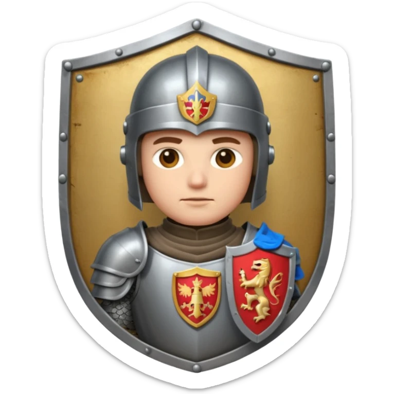 An emoji portrait of a medieval knight. He wears a suit of armor with a stylized helmet. His expression is serious and determined, and he holds a shield with a family crest. sticker