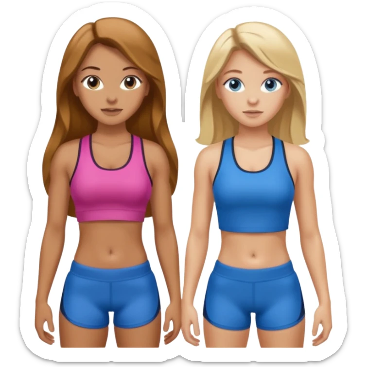 two girls in gym wear one with brown long hair one with blonde long hair and blue eyes sticker