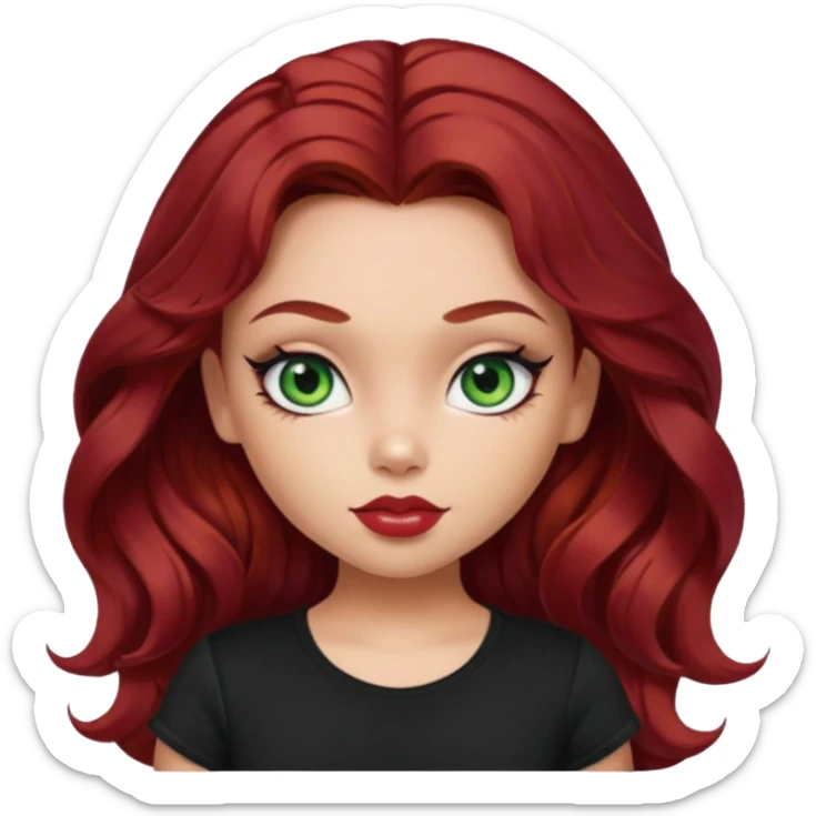 a pretty fair bratz girl with wavy dark red hair, wearing a black tee. eyeliner on, green eyes sticker