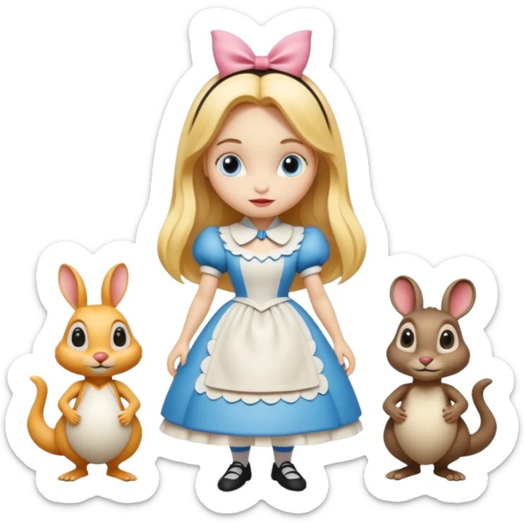 Isolated, detailed illustration of the most incredibly cute, modern style of disney's Alice in wonderland with anthropomorphic creatures
figurine imaginable, toy style. sticker