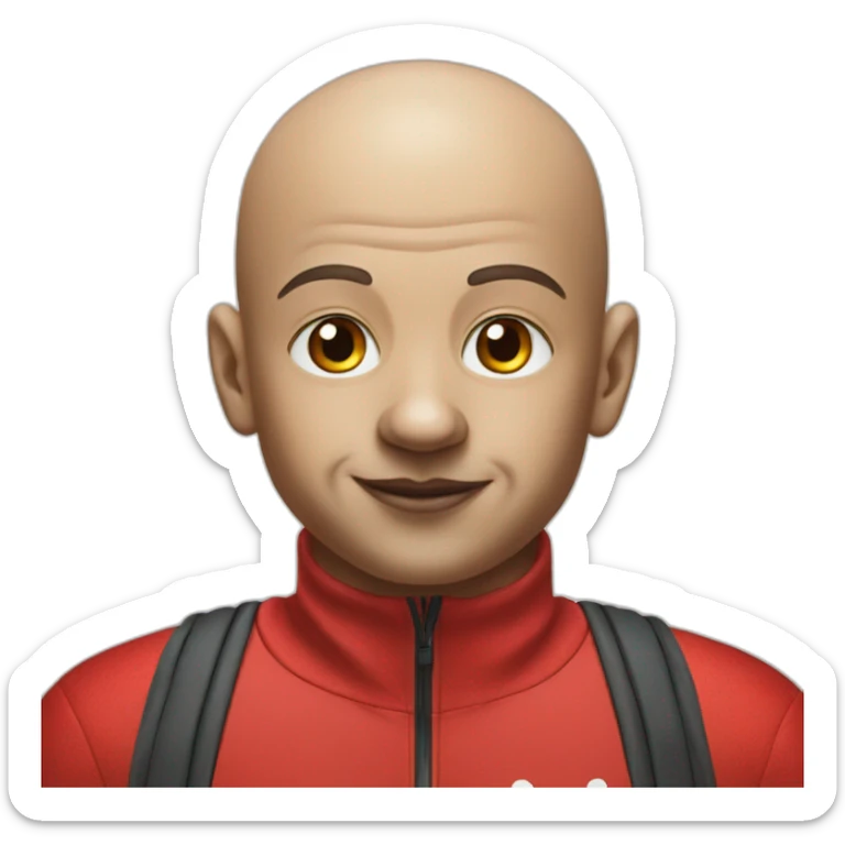 Bald clown in red Adidas training suit with clown hair and nose sticker