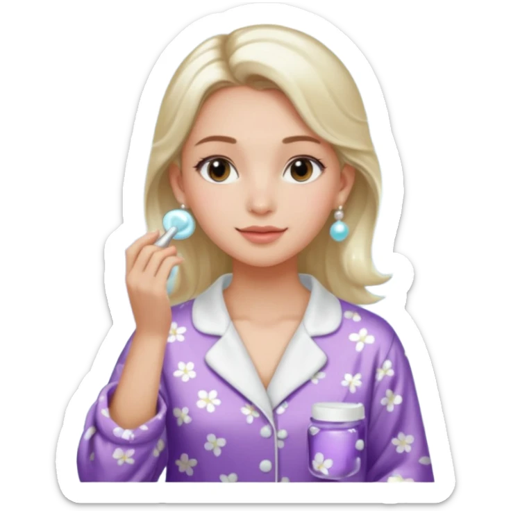 Clean girl aesthetic emoticons, apply skincare products, pearl earrings, glowing skin, pajamas, soft lighting sticker
