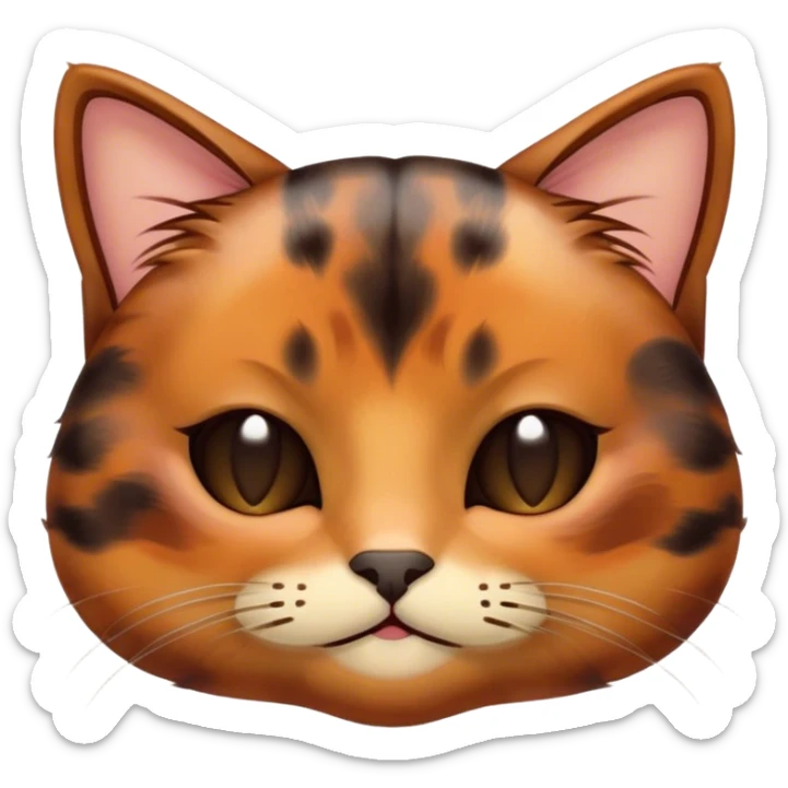 Meme-Worthy Cute Sleeping Tortoiseshell Cat Portrait Emoji, Head resting with a serene, sleepy smile and softly closed, dreamy eyes, showcasing a warm, mottled fur of rich browns and blacks, simplified yet adorably detailed, glowing with a gentle, drowsy radiance, high shine, exuding relaxed, heart-melting charm, styled with a soft glowing outline, capturing the essence of a sleeping tortoiseshell cat that radiates pure, peaceful cuteness! sticker