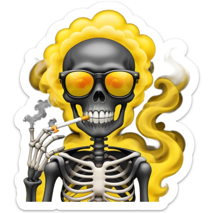 create an image of the specified emoji:
"Create an emoji-style illustration of a black skeleton wearing yellow sunglasses and smoking. The skeleton should have a playful and relaxed expression, with smoke swirling around it. The background should be bright and colorful sticker