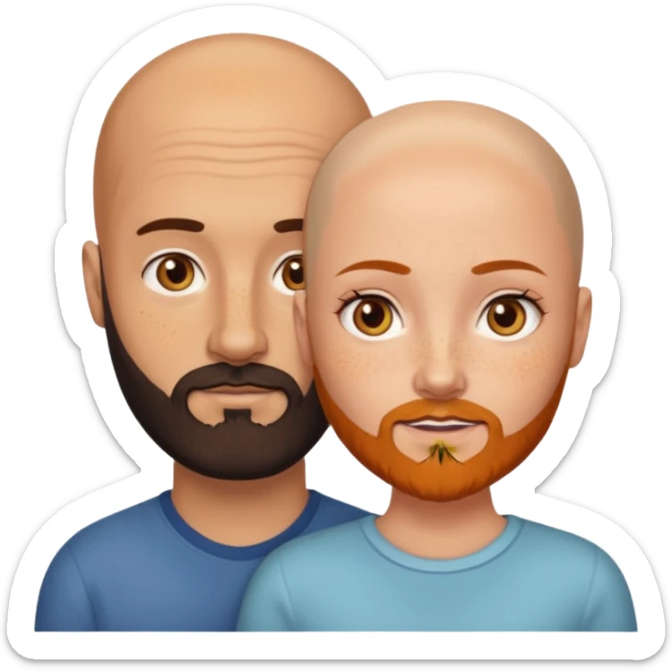 Couple. Bald man with dark brown-black beard. White woman with many small, faded freckles, white skin and she has auburn-yellow-brown-caramel, dark hair. She has light orange-brown eyes. The man have hazel eyes. Retro style. sticker