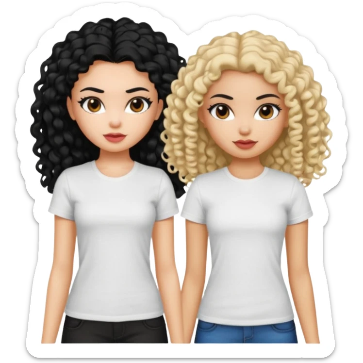 2 pretty bratz fair girls. One has straight black hair and is tan, wearing a white tshirt. One is fair with curly black hair, wearing a black tshirt  sticker