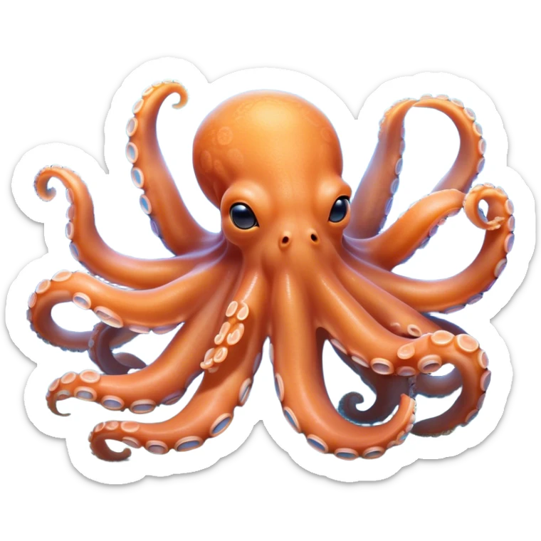 Beautiful and Majestic smiling Octopus Portrait Emoji, Head and body resting in serene repose with a gentle, content smile, showcasing a soft, light orange form adorned with elegant blue rings and delicately arranged arms, Simplified yet exquisitely endearing features, highly detailed, glowing with a soft, drowsy underwater light, high shine, relaxed and utterly enchanting, stylized with an air of majestic aquatic beauty, soft glowing outline, capturing the essence of a beautiful and majestic octopus that embodies the enchanting spirit of the deep! sticker