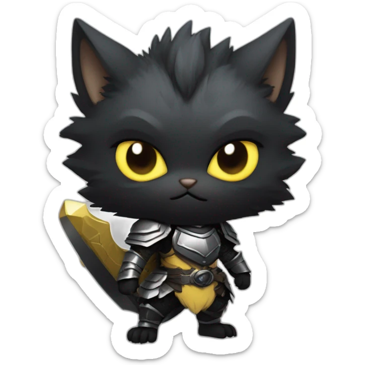 chibi monster hunter palico with all black fur and black face, on hind legs wearing armor, yellow eyes sticker