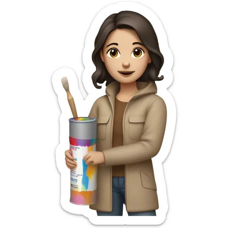 fair-skinned girl with dark hair and brown eyes in beige and brown clothes holding tubes of art paint paint sticker