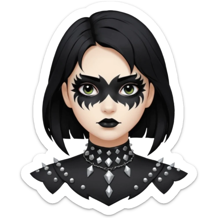 Crea una ragazza con stile black metal,  paint face black metal, capelli neri, mossi dalle spalle e occhi bianchi e un collare con borchie a punta sticker
