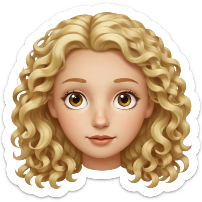 Blond curly hair white women, oval shape face hazel eyes long lashes little bit of freckles high cheek bones sticker
