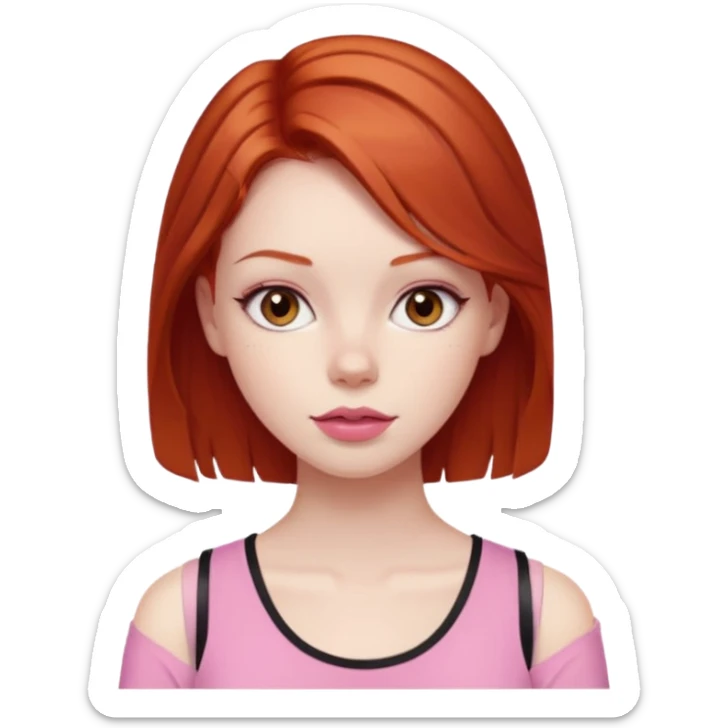 Redhead girl with deep brown eyes, pale skin with light red lips wearing a pink strap shirt sticker