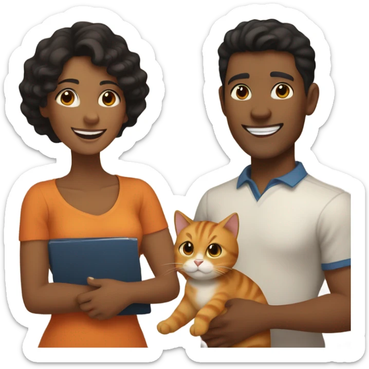 a happy light-brown woman with black hair and a happy brown man with brown hair are friends and holding an orange cat sticker