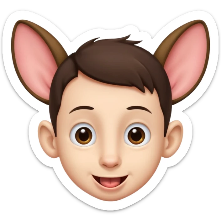 a brunette boy with small eyes with big human ears and with his tongue out sticker