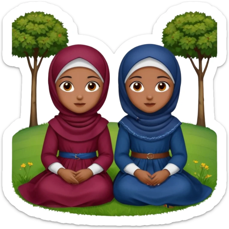 Turkish beautiful finish Konya two girls (friends) brown eyes and with dark blue and burgundy hijab islamic dress and sitting on grass  sticker