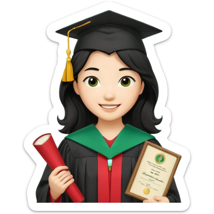 College Graduate asian black hair with wavy hair long  with black red stash with green benilde on the middle sticker