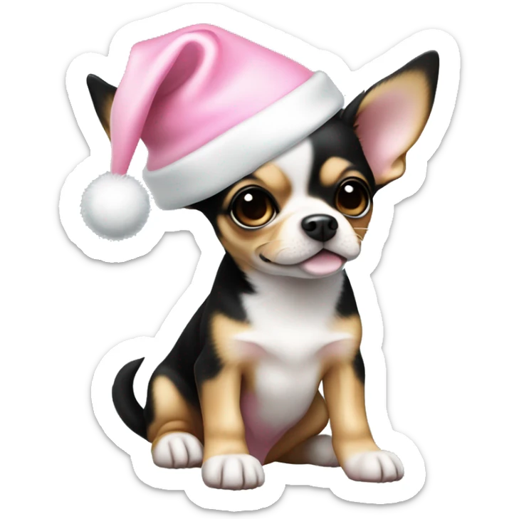 black & tan chihuahua puppy full body light blue eyes pink christmas hat on sticker