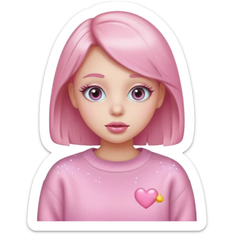 “Emoji girl, pastel pink blush, sparkly wide eyes, glossy bubblegum lips wearing oversized pastel sweater.” sticker