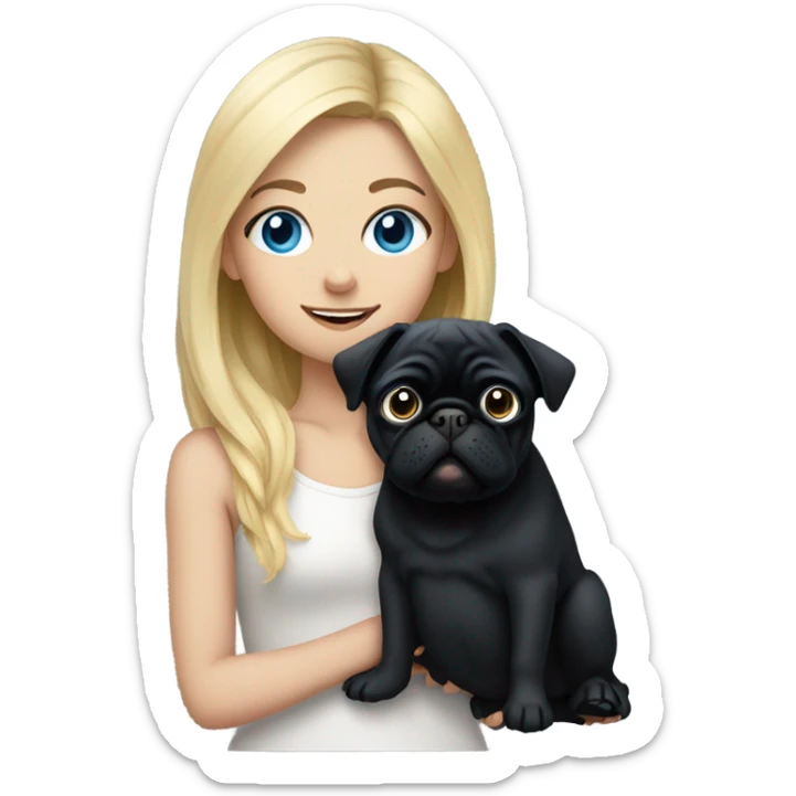 Girl with blonde hair and blue eyes holding a black pug sticker