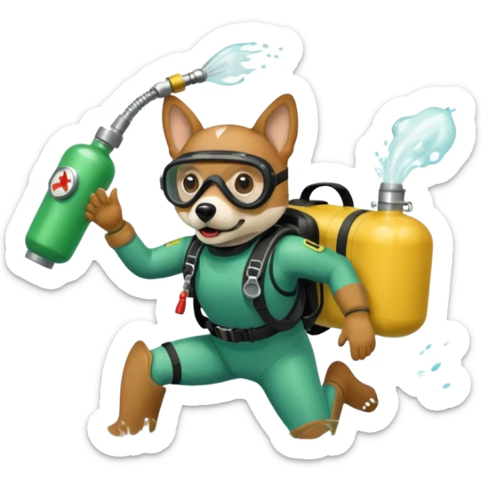 dog wearing scuba green gear dive into the sea with diver mask and oxygen tank sticker